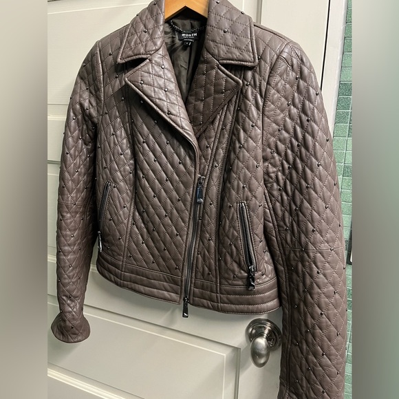 SOLD elsewhere. Worth NY Leather Moto Biker Jacket Mink Brown Quilted 4 SM $998 - Picture 5 of 8